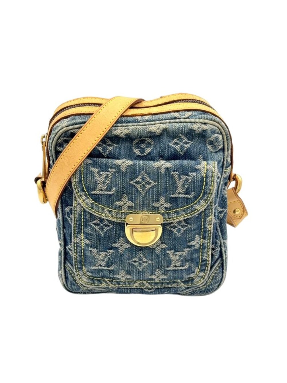 Louis Vuitton Camera Bag Monogram Denim Leather Blue Gold